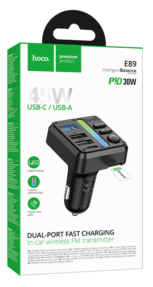 зарядка для телефона в машину с FM трансмиттером Hoco E89 Libre 45W(1A1C) car BT FM transmitter black