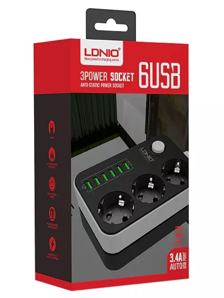 сетевой фильтр с USB LDNIO SE3631 6USB*3 розетки 1,6м grey