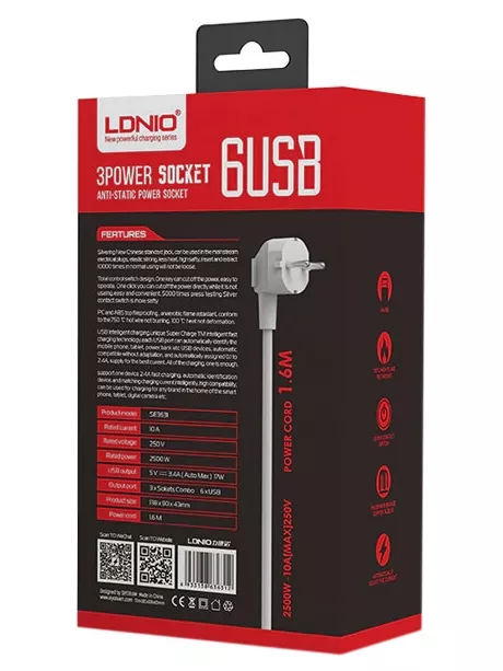 сетевой фильтр с USB LDNIO SE3631 6USB*3 розетки 1,6м grey