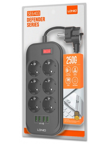 сетевой фильтр LDNIO SE6403 4USB*6 розеток 2м grey