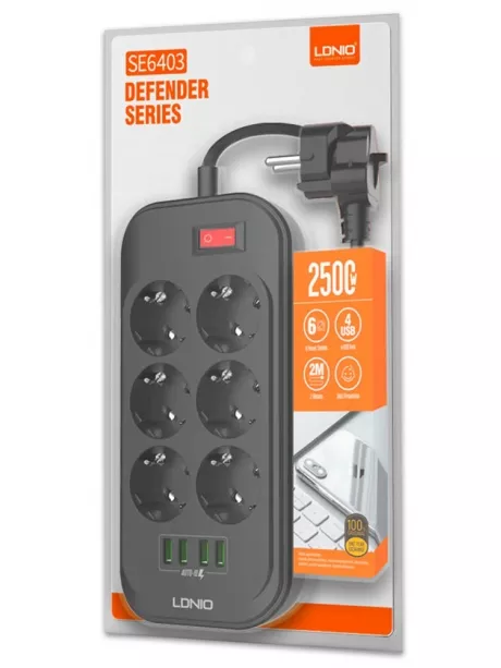 сетевой фильтр LDNIO SE6403 4USB*6 розеток 2м grey