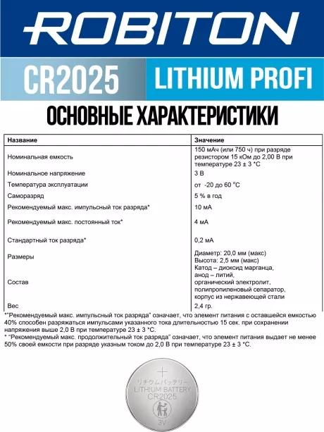 батарейка Robiton CR2025 PROFI-5BL 