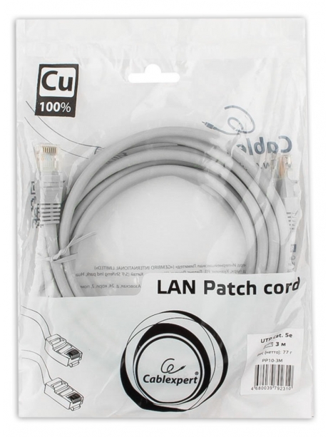 патч корд Cablexpert UTP кат.5e, 3м, литой серый