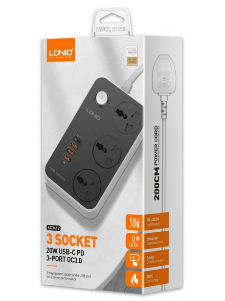сетевой фильтр LDNIO SC3412 4USB*3 розетки 2м black grey