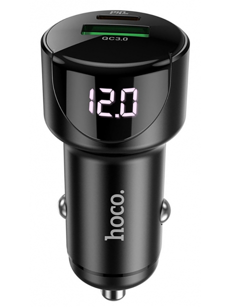 автомобильная зарядка c дисплеем Hoco Z42 Light road dual port digital display PD20W+QC3.0 car charger black