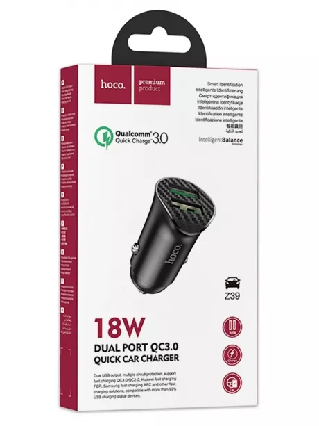 автомобильное зарядное устройство Hoco Z39 Farsighted dual port QC3.0 car charger black