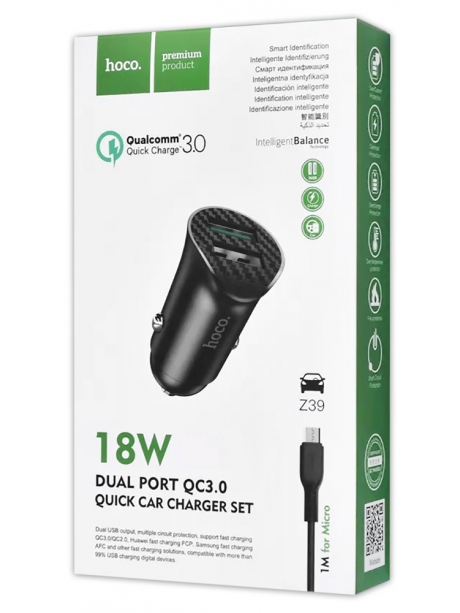 автомобильное зарядное устройство Hoco Z39 Farsighted dual port QC3.0 Car charger + micro cable black