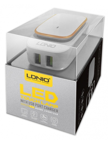 зарядное устройство с ночником LDNIO A2205 Touch LED lamp and 2 USB charger white gold