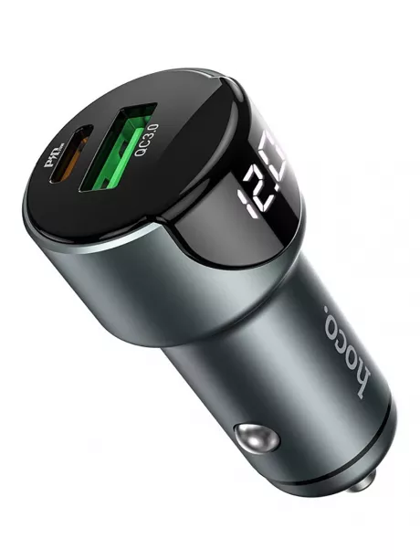 автомобильная зарядка c дисплеем Hoco Z42 Light road dual port digital display PD20W+QC3.0 car charger metal gray