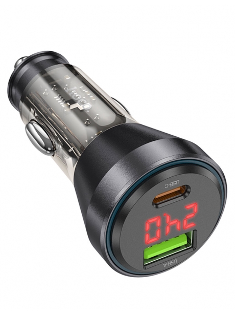 зарядка для телефона в машину Hoco NZ12B Unimpeded PD48W(1C1A) car charger with digital display transparent black