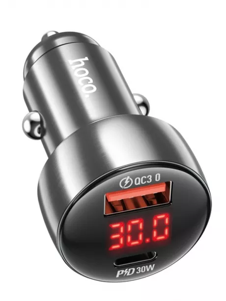 зарядка для телефона в машину Hoco Z50 Leader 48W dual-port PD30W+QC3.0 car charger with display metal gray