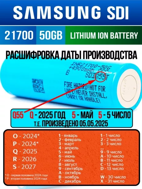 литиевый высокотоковый аккумулятор без защиты Samsung INR21700-50GB 10шт. 