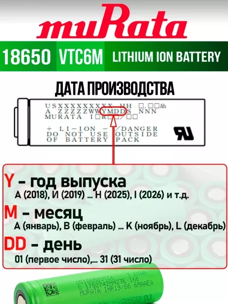 литиевый аккумулятор Murata US 18650 VTC6M 30A 3000mAh 50 шт. 