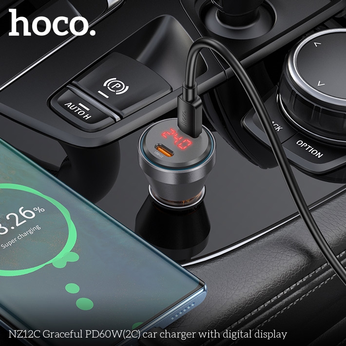 автомобильное зарядное устройство Hoco NZ12C Graceful PD60W(2C) car charger with digital display